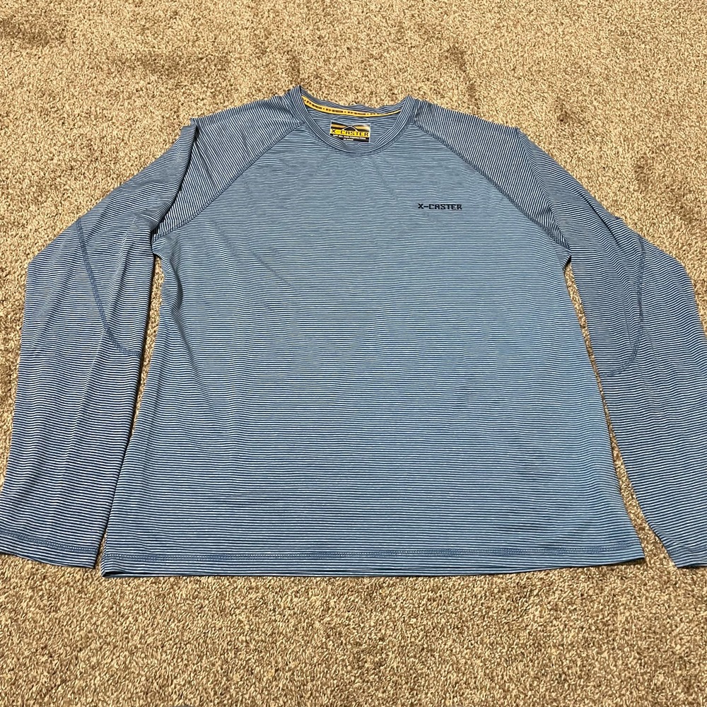 X-Caster Mens Blue Striped Performance Sun Shirt Long Sleeve Fishing Top Large